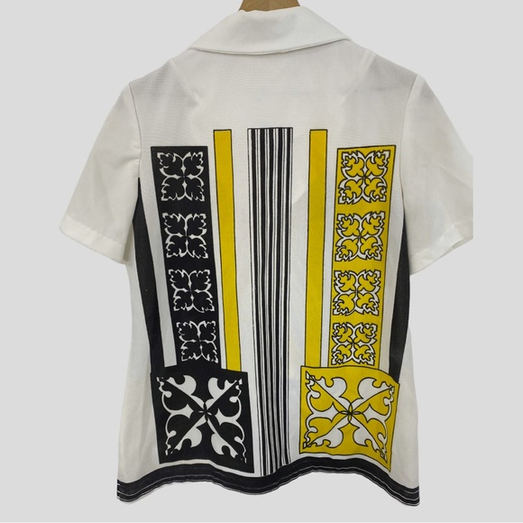 Vintage 70s White Black Yellow Geometric Print Zip Front Shirt - Picture 4 of 6